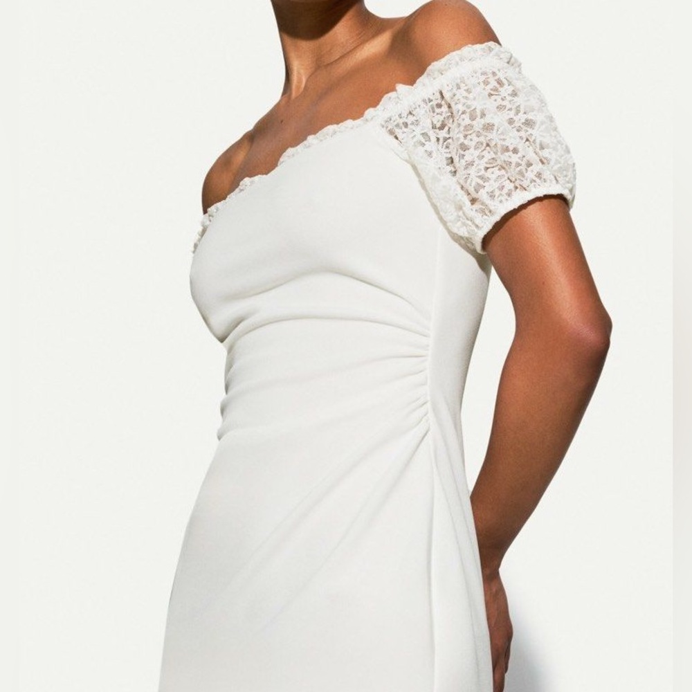 Off-Shoulder White Dress with Lace Sleeves